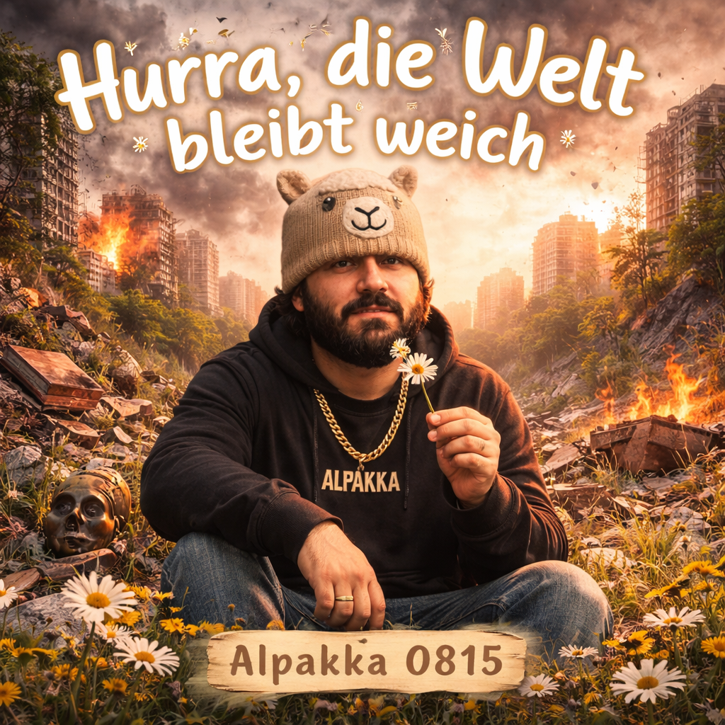Cover "Hurra, die Welt bleibt weich", Alpakka 0815 auf einem Stück grüner Wiese mit Gänseblümchen, hinter ihm Übergang in eine dystopisch zerstörte, brennnende Stadt.